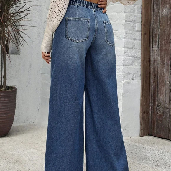 Blue Casual Women's Pockets Versatile Loose Wide Leg Jeans - Picture 3 of 6